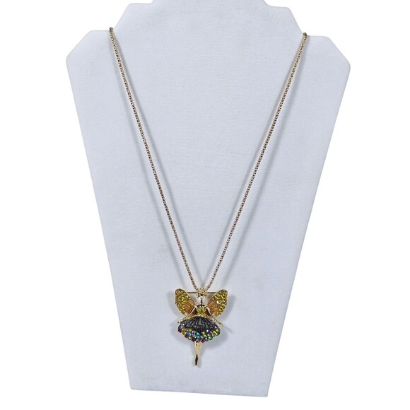 Betsy Johnson Crystal Angel Multi Color Pendant, Brooch Necklace With Wings NWT - Picture 9 of 9